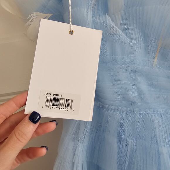 Mac Duggal 20529 Blue Feathered Strapless Tulle Fit and Flare Dress Size 6 - Picture 6 of 7